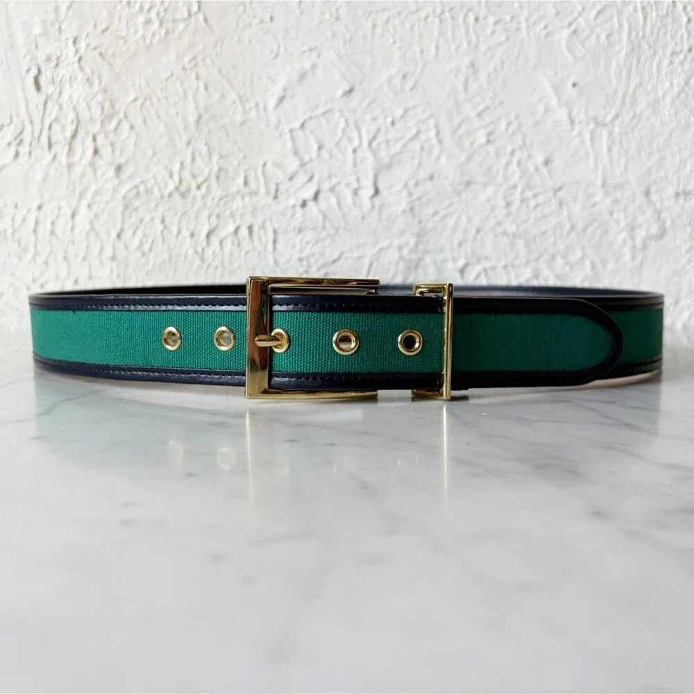 Talbots Belt Green Canvas Navy Leather Trim Gold Tone Buckle Women's L Preppy